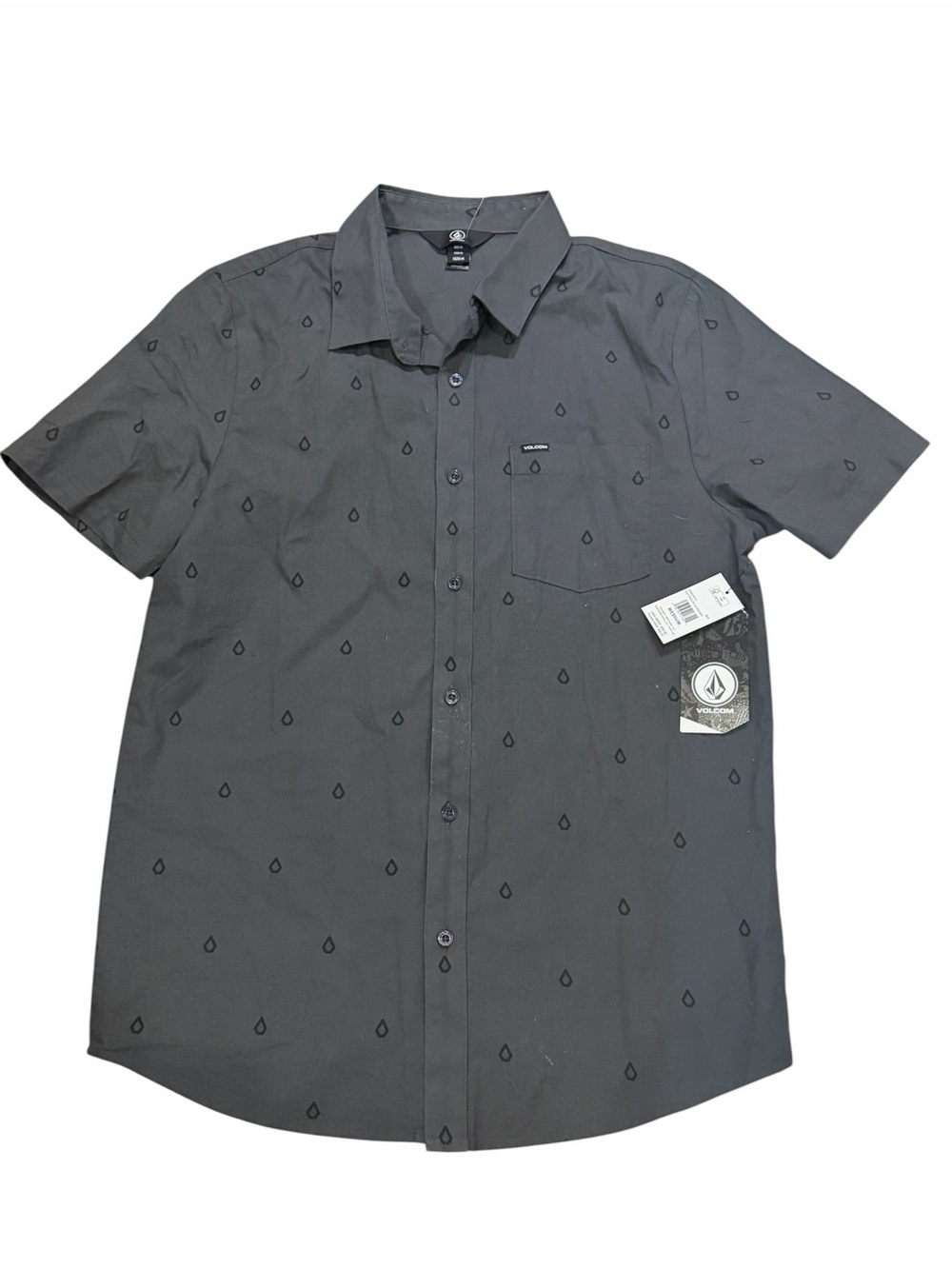 Volcom Short Sleeve Button-Down Shirt - Charcoal with Droplet Print